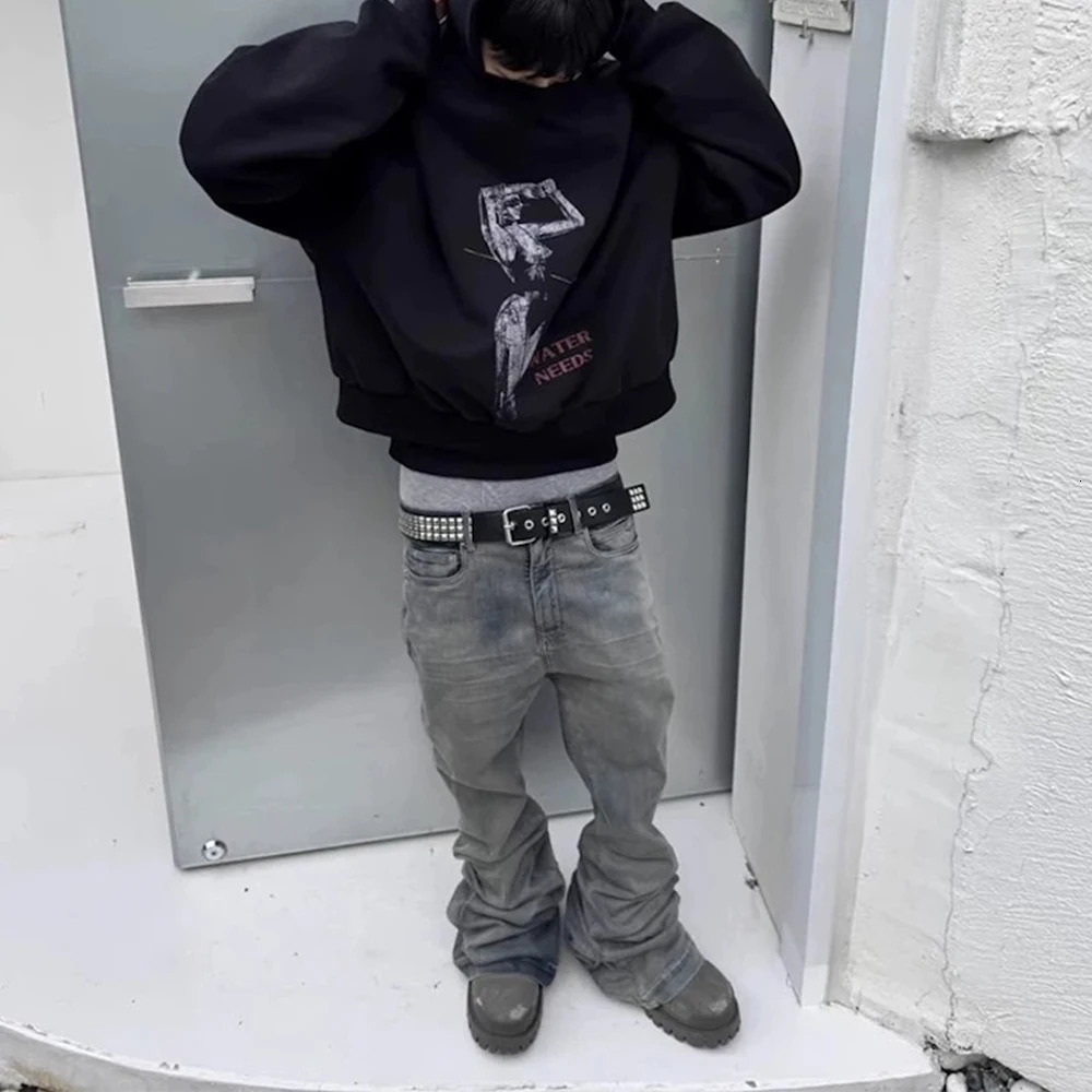 Streetwear Wrinkle Boot Cut for Men and Women Straight Harajuku Stretch Baggy Casual Flare Pants Oversized Loose Denim Trousers 251113