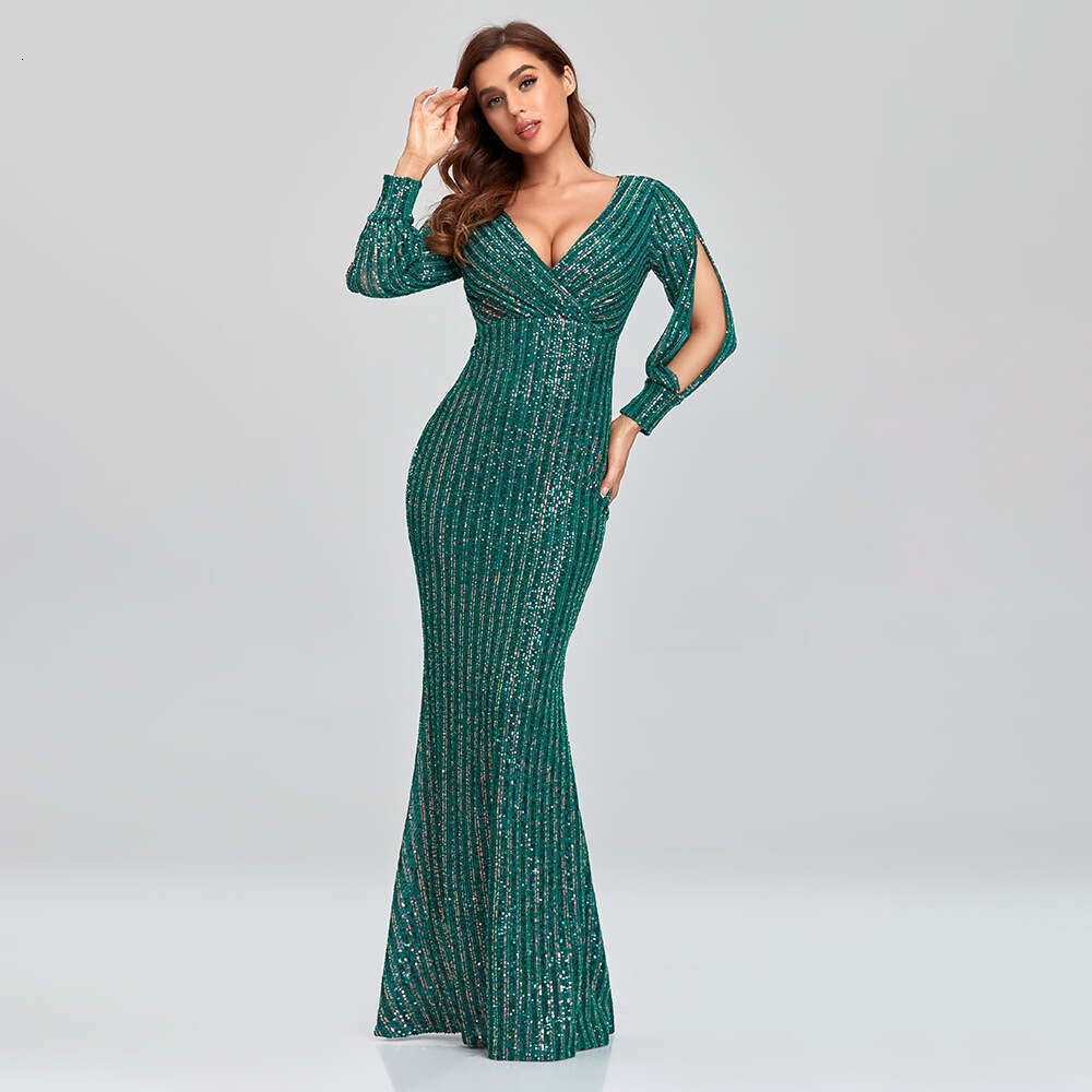 Designer Spring And Autumn Hot Selling Dresses Multi Color Large Size Long Sleeved V-Neck Sequin Fish Tail Evening Dress For Women
