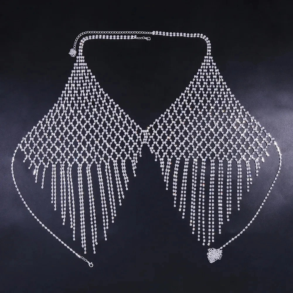 XSBODY Mesh Tassel Chest Chain Jewelry Necklace Sexy Underwear Womens Crystal Festival Set Bikini Bra 250408