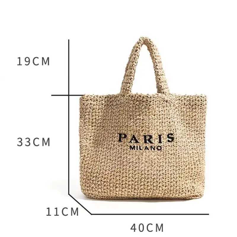 Raffia Crochet straw tote bag women handmade large capacity summer beach woven handbag black natrual paris shopper bag 2023 newC250412