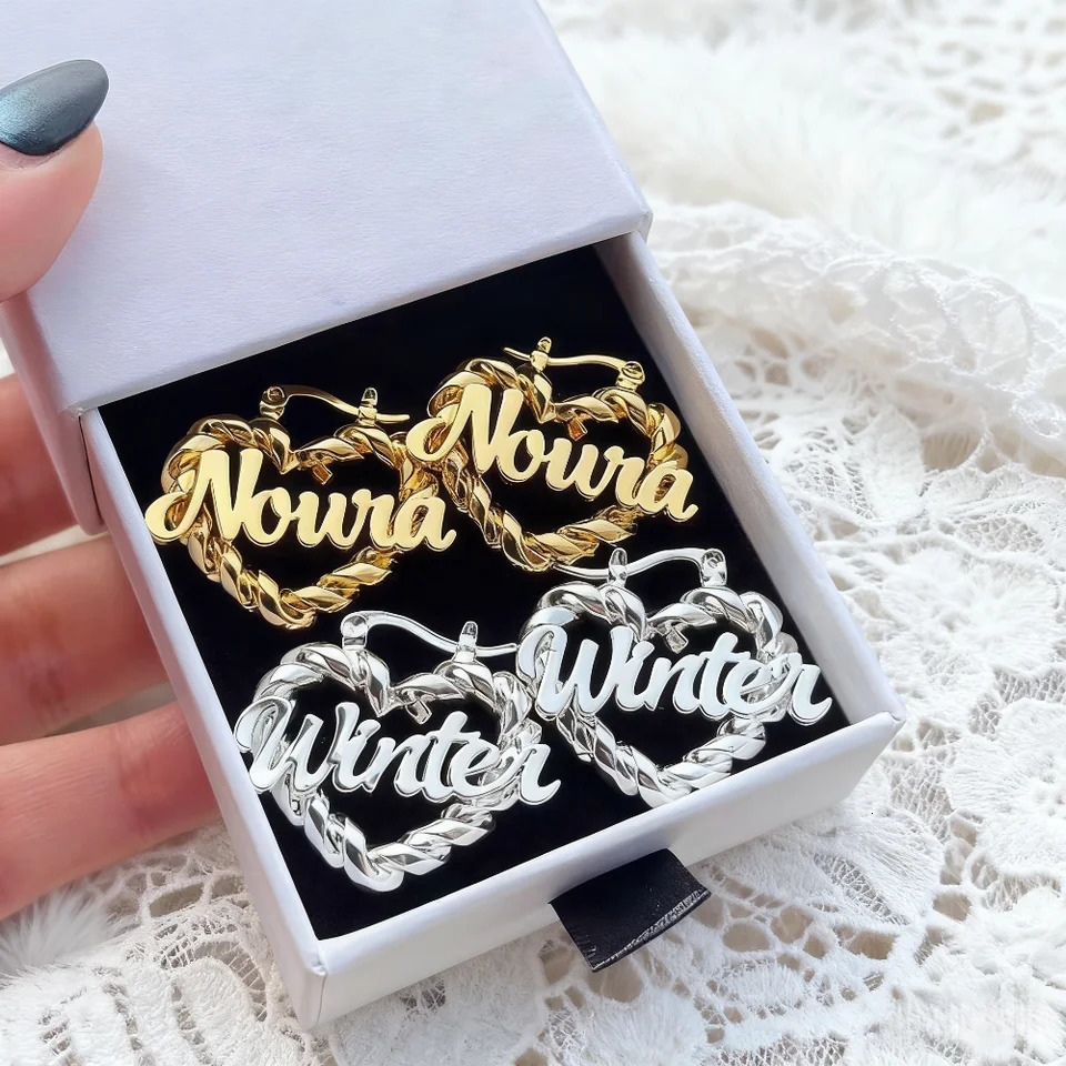 DUOYING Custom Name Twist Hoop Earrings Heart Personalised Nameplate Stainless Steel Jewelry 251112