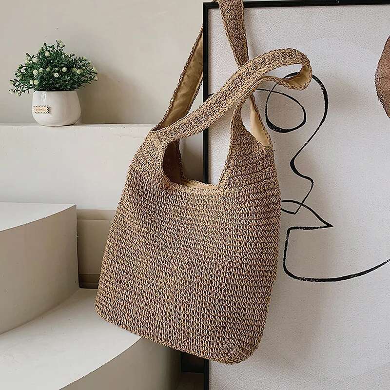 Handmade Beach Bag Women Large Capacity Shoulder Bags Handmade Straw Woven Fashion Travel Shopper Totes Ladies Bohemis Casual Handbags Kq1