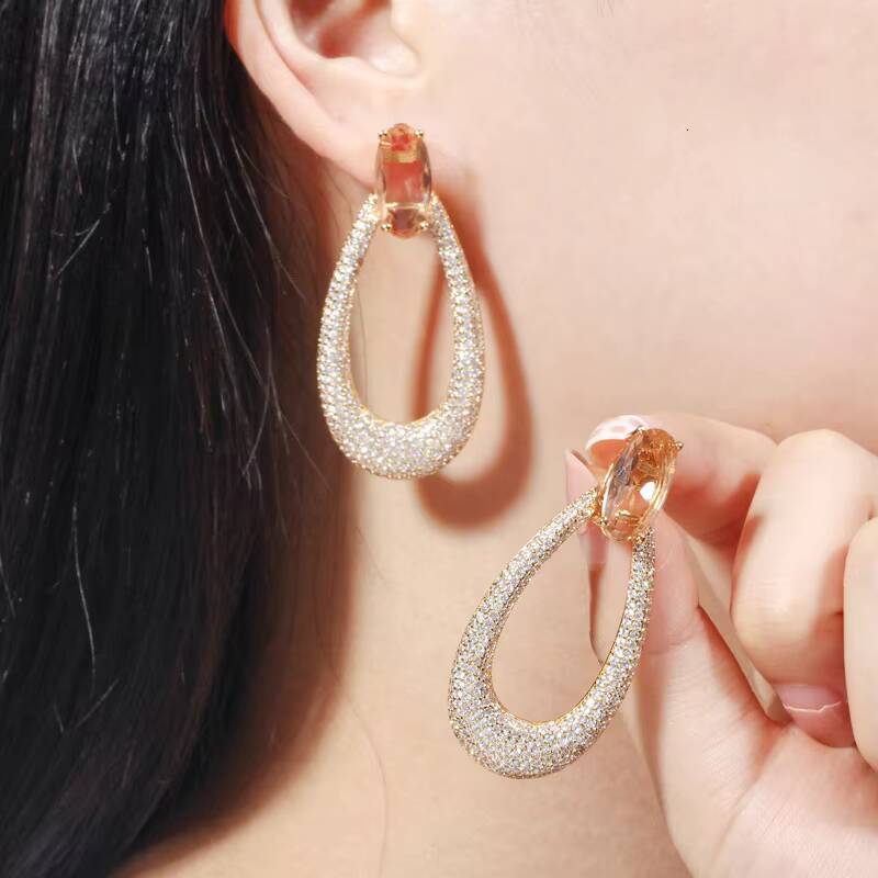 Hot Selling High-End AAA Zircon Gold Charm Geometric Drop Hollow Ear Jewelry Trendy Brass Hoop Earrings for Parties Gift