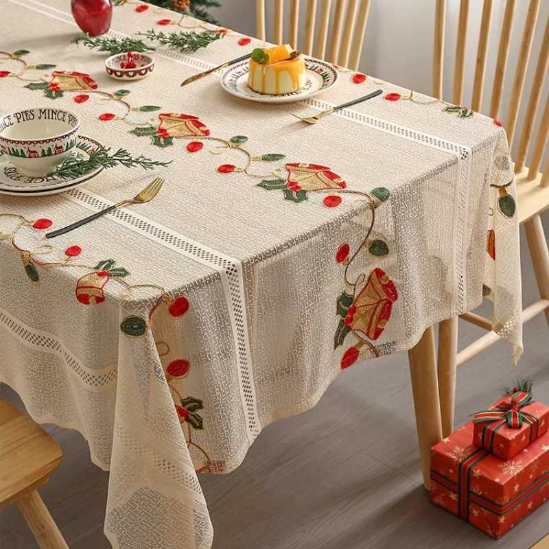 Christmas Beige Lace Flower Tablecloth Santa Claus Embroidery Gauze Tablecloth Rectangular Party Picnic Dinner Decoration Tablecloth Y251113