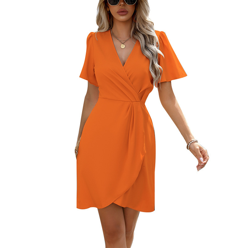 Womens clothing 2025 summer elegant style dress waist cinched one step skirt short sleeved polyester