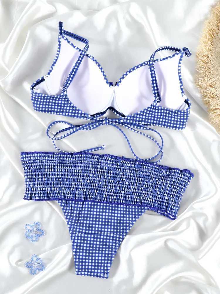 Bowknot Ruffle Bikinis Thongs Plaid Womens Swimsuit 2025 Red Lattice Swimwear Bathing Suits Biquini Summer Beachwear SwimsuitW251113