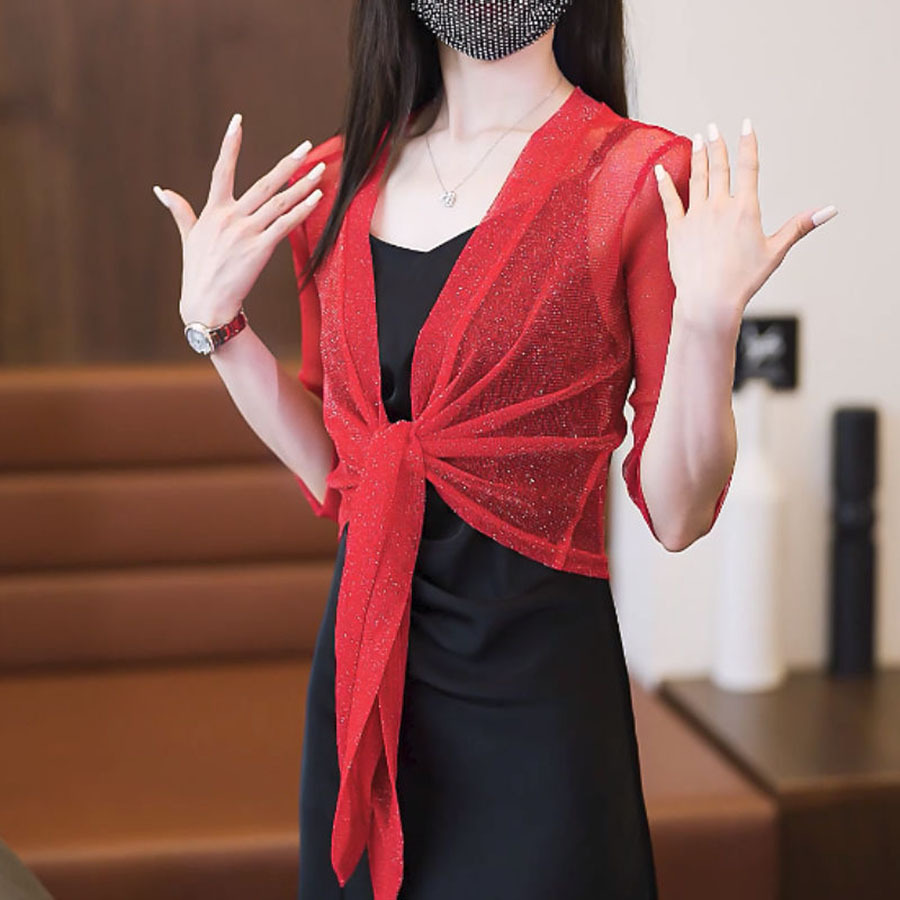 K383 Summer gold and silver silk outer mesh small shawl women's cardigan large size lace with waistcoat sun protection cape air conditioning shir
