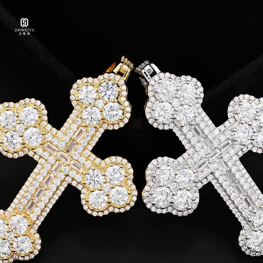Baguette Cut VVS Iced-Out Moissanite Cross Pendant Fully 925 Silver Hip-Hop Style Religion Pendant