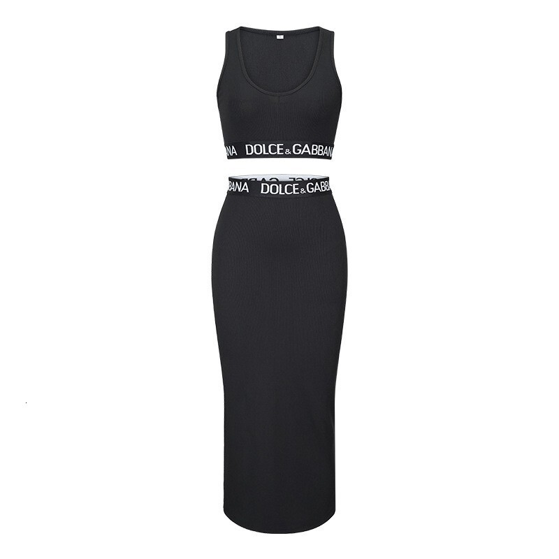 9 days arrived Summer New Fashion Casual Vest High Waist Bodycon Long Skirt Letter Ribbon Casual Two-Piece Set for Women - view 4