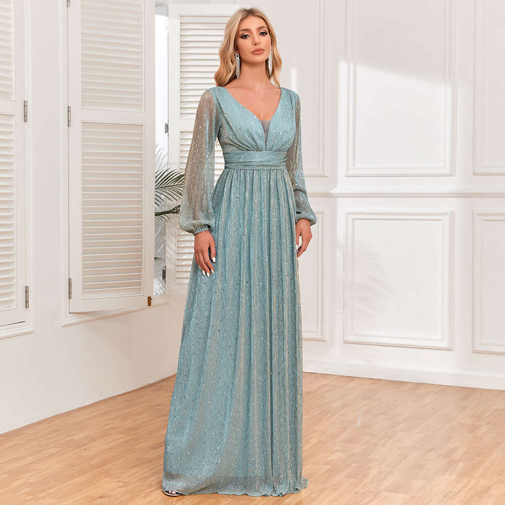Designer New Women's Bright And Sparkling Pleated Elastic Perspective Long Sleeved V-Neck A Large Swing Skirt With Full Lining Elegant Evening Dr