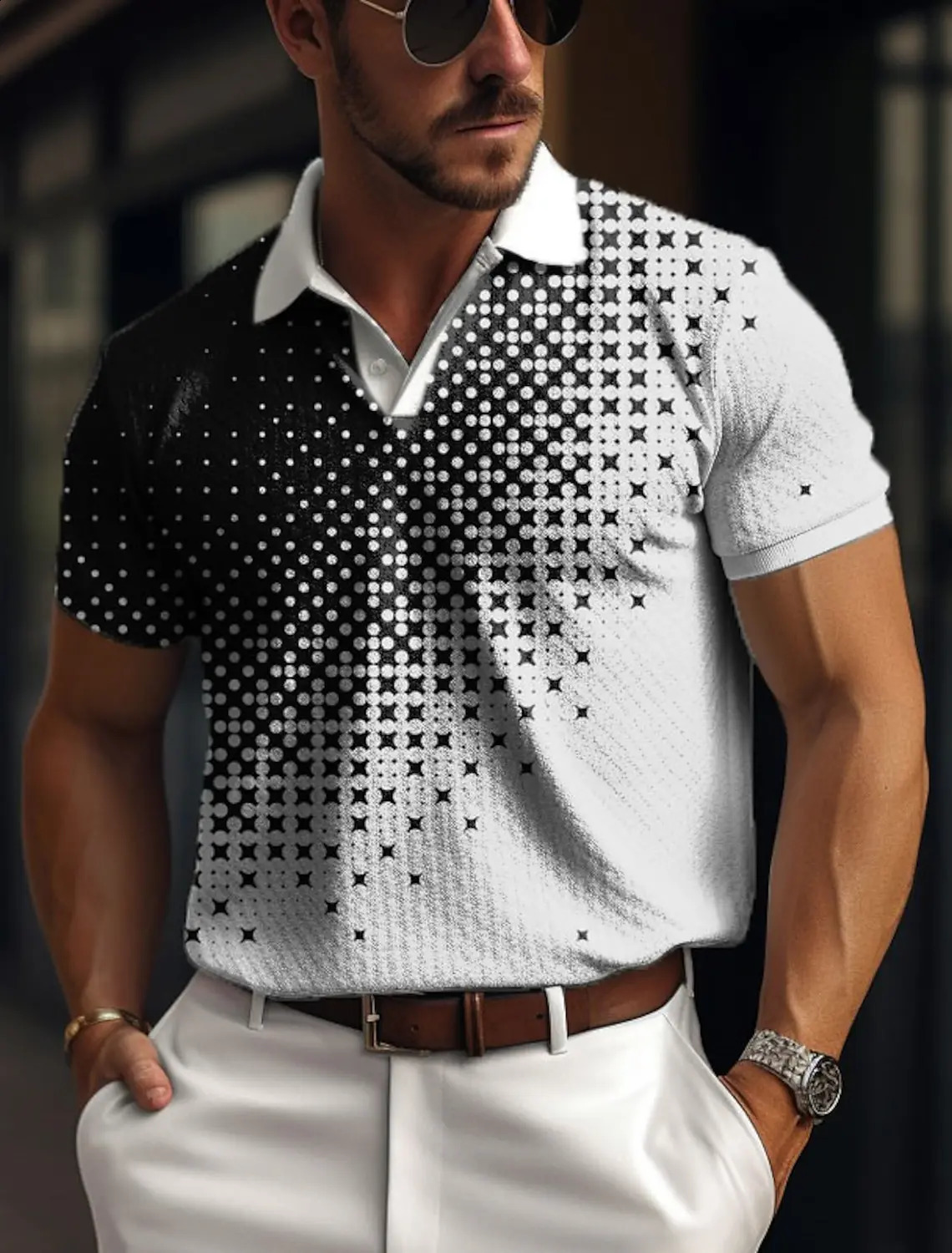 Mens polo shirt with buttons polo collar golf shirt plain weave pattern geometric street casual mesh fabric short sleeved 250409