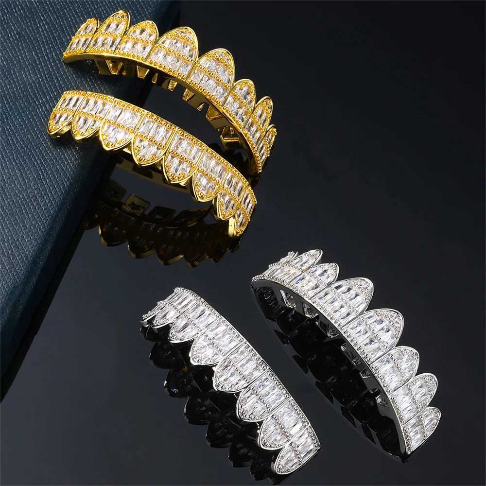 Teeth Grilz Prong with sparkling AAA French breadstones silver eight tops and bottom vampire barbecue set for hip-hop giftsXJ250412