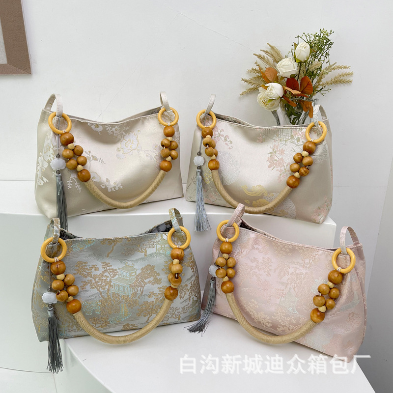 2025S Designer Women S Bag New For Women New Niche Velvet Embossed Artistic Chinese Style Armpit Bag Simple Wooden Bead Casual Handbag