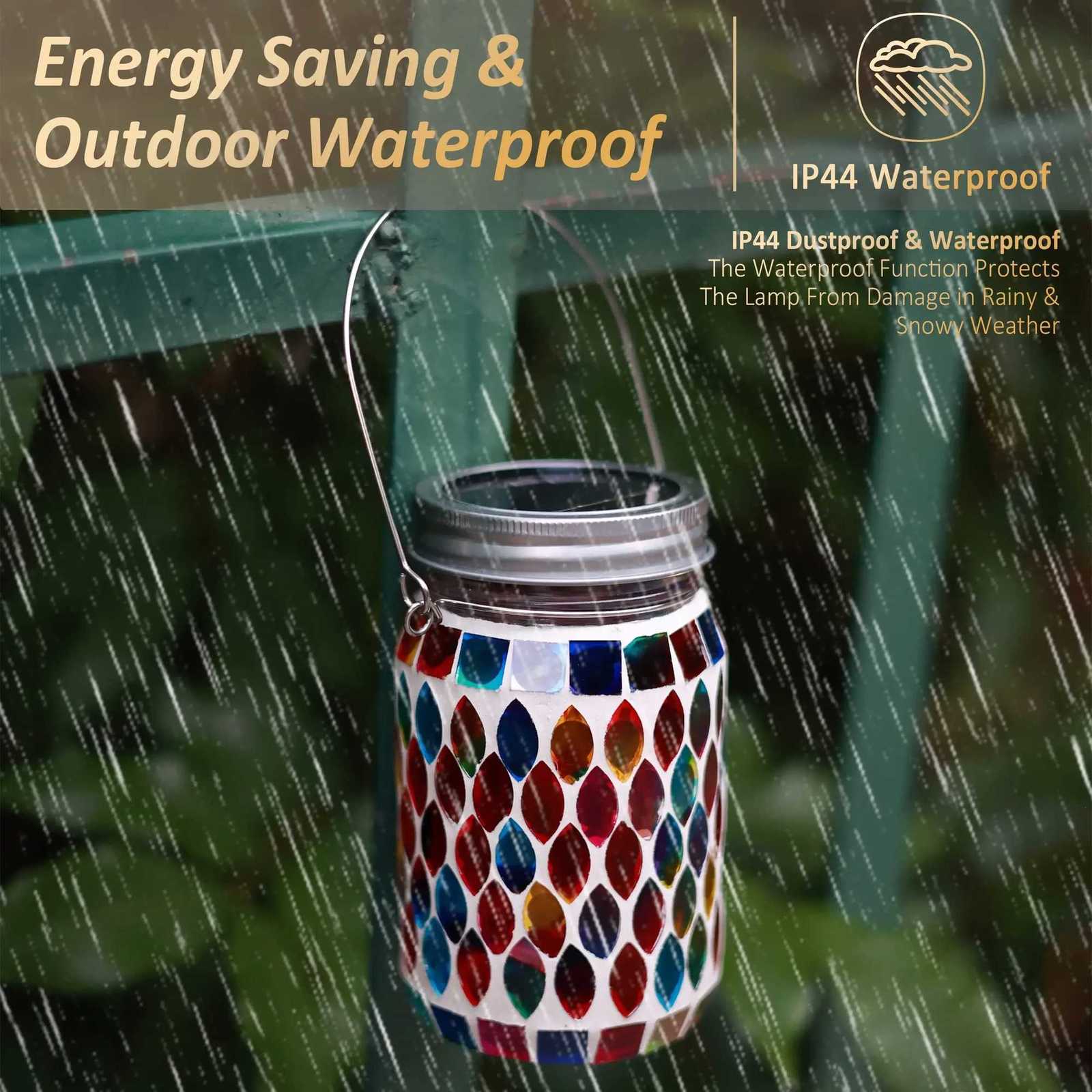 Solar Mosaic Lantern Hanging Mason Jar Glass Lights Outdoor Waterproof Table Lamp Decoration for Garden Patio Party Yard Balcony M251113