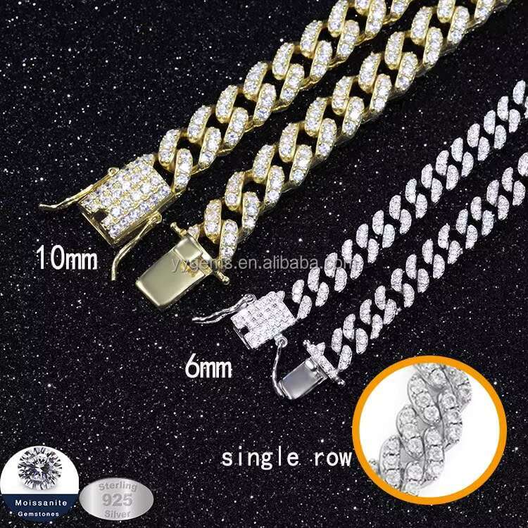 RTS Moissanite Cuban Chain Single Row 6mm S925 Silver Chain for Men VVS Moissanite Diamond Cuban Link Chain Hip Hop Necklace
