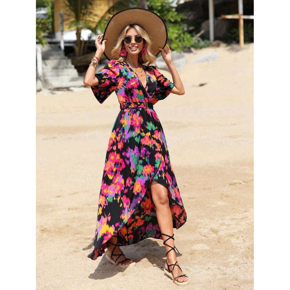 2025 Summer Bohemian V-Neck Strap Elastic Waist Irregular Dress Long