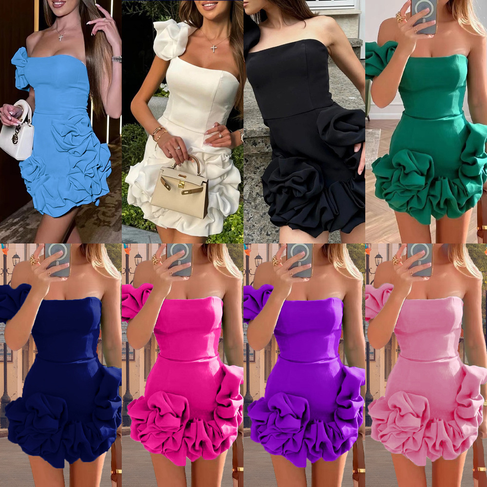 25 Summer New Womens Dress with Ruffled Edges and Flower Buds Waist Cinched Dress One Shoulder Strapless and Hip Hugging Skirt