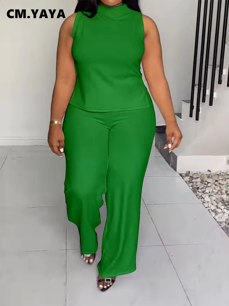 CM.YAYA Plus Size Womens Set O-neck Sleeveless T-shirt Vest and Pants Suits Sweatsuit Two 2 Piece Set Outfit Street Tracksuit 250410