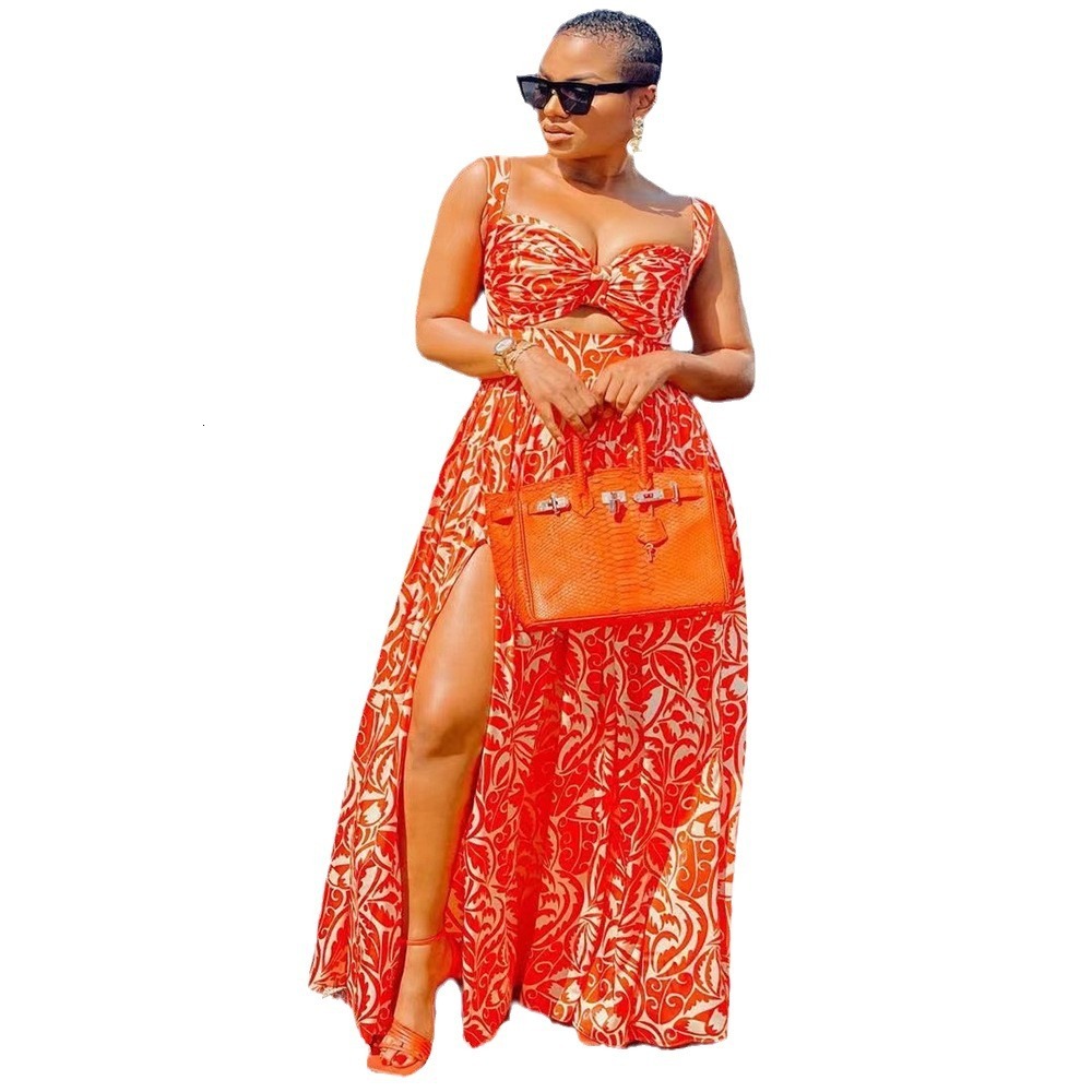 S9307 2025 Summer New Womens Fashion Sexy Dress with Strap Printed Open Skirt