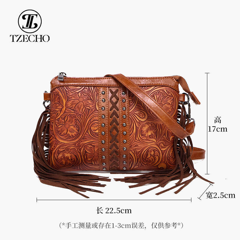 designer bag Bohemian style new tassel crossbody embossed shoulder high-end PU leather bag, women's bag