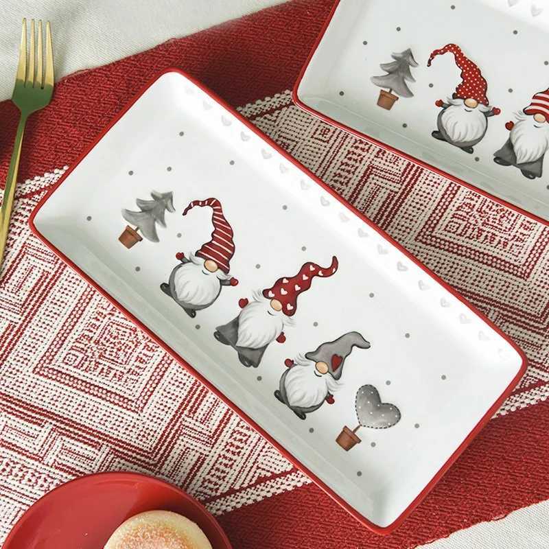 Christmas Christmas Ceramic Rectangular Plate Santa Relief Pattern Kitchen Household Tableware Shallow Plate Creative Western Steak Plate Y251113