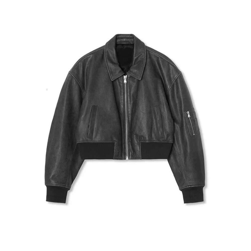 Designer Clothes Women Zipper Leather Bomber Jacket Loose Turn-Down Collar Vintage Pocket Short Outwear Long Sleeve Street Motorcycle Spring Coat