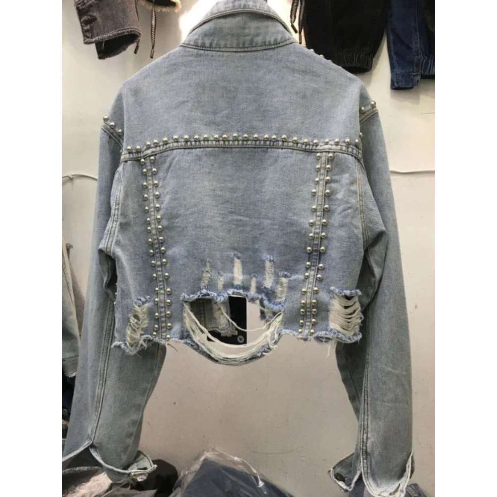 Womens Denim 2024 Spring Summer New In Heavy Industry Rivet Studded Women Worn Nail Bead Jean Jacket Top