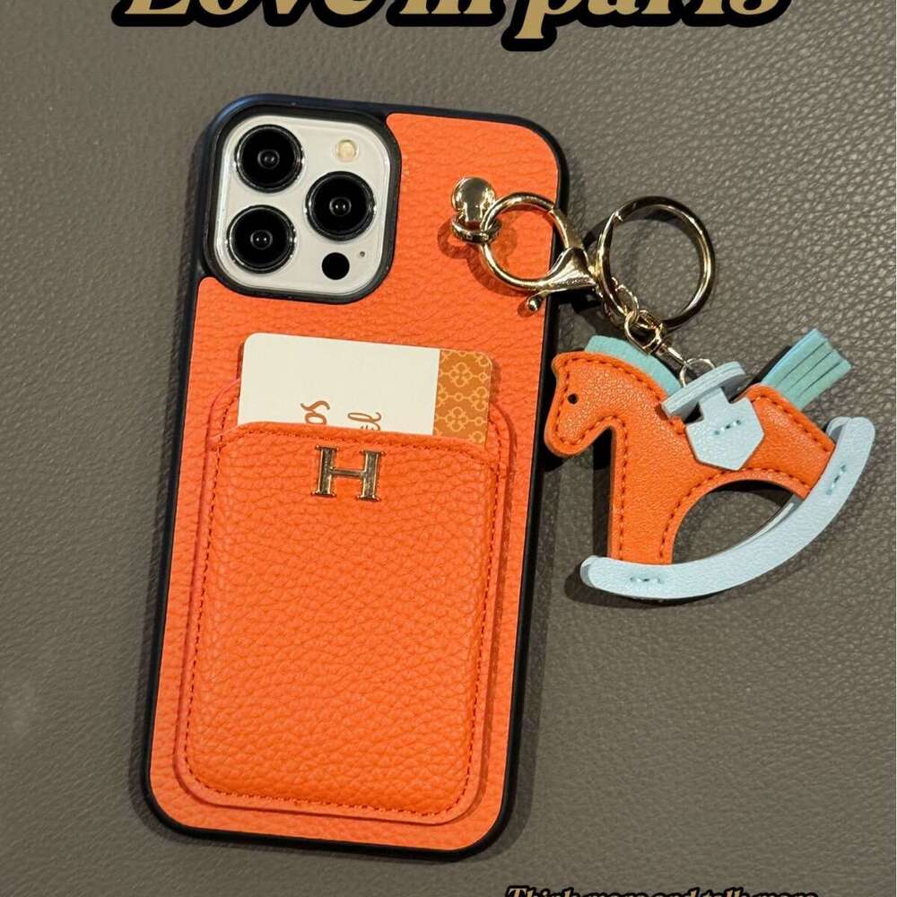 New Card Slot + Rocking Horse iPhone 17 Lychee Texture Genuine Leather Feel Compatible with Samsung S25 Protective Case