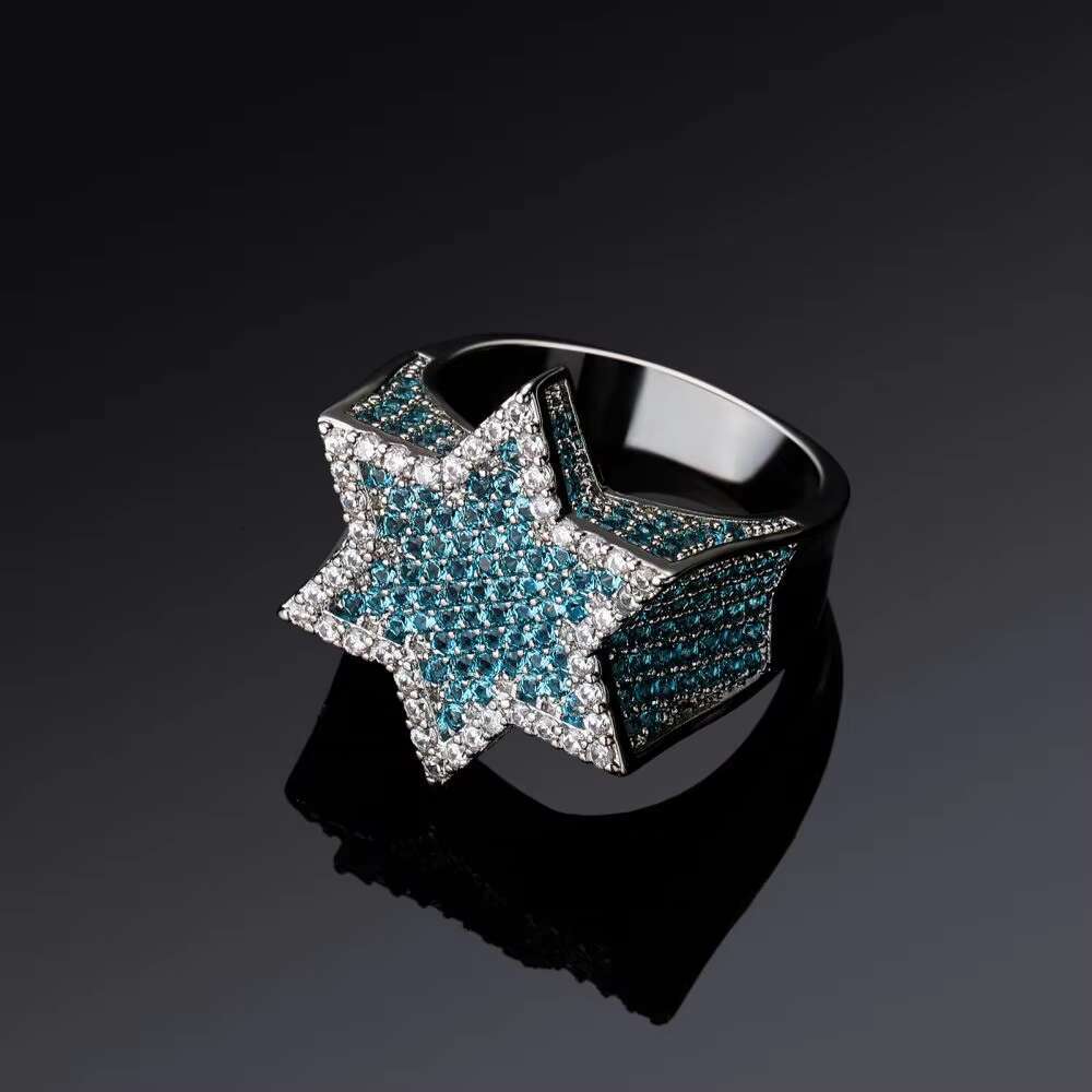 Hip Hop Fashion Jewelry Iced Out Punk Rapper Band Hexagram Star Ring for Men Women