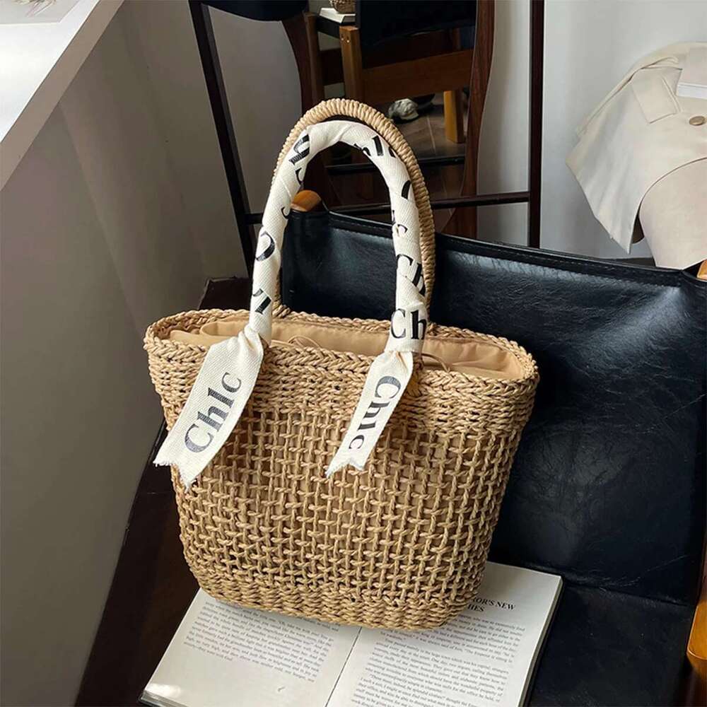 Handmade Beach Bag Womens Large Straw Tote Bag Braided Raffia Handbag Letter Ribbon Accent Drawstring Lightweight Spacious For Beach Vacation Kq1