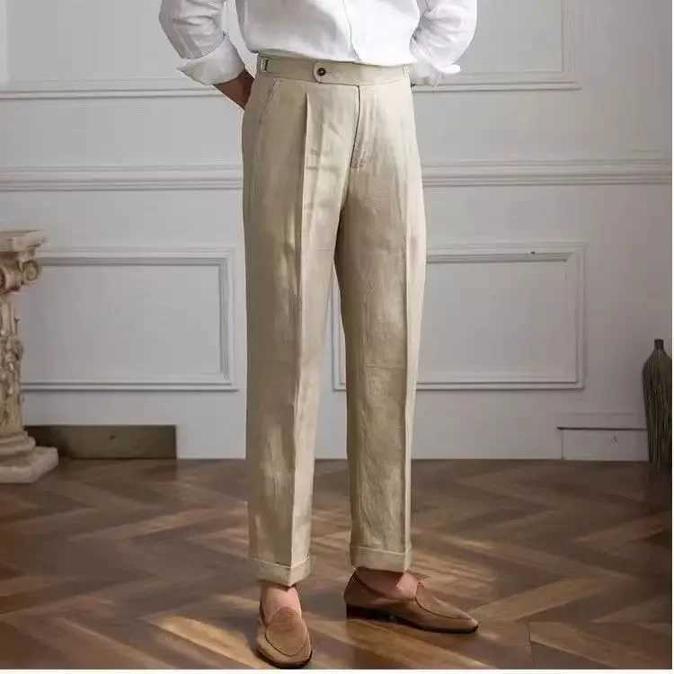 100% linen Italian Naples mens pants high waisted straight suit mens style mens style spring and summer fashion lightweight and breathable casual pant