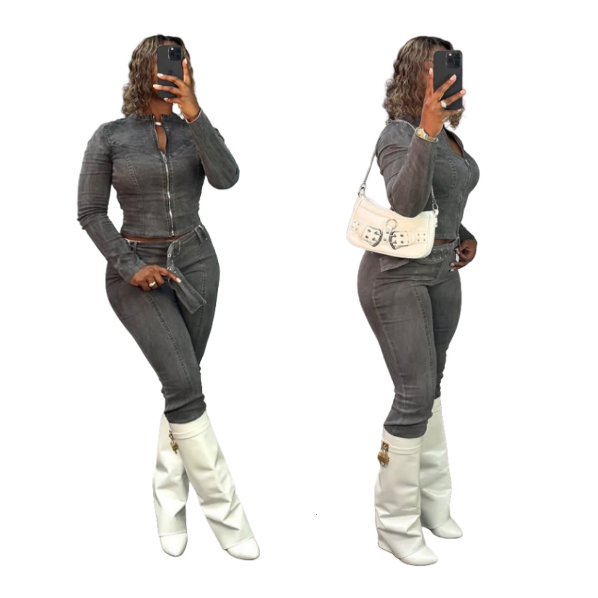 Denim Tracksuit Streetwear Two Piece Set Fashion INS Vintage Jeans Sets For Women Outfits Zipper Sexy V Neck Jacket And Slim Fit Trousers Casual 2Pcs 