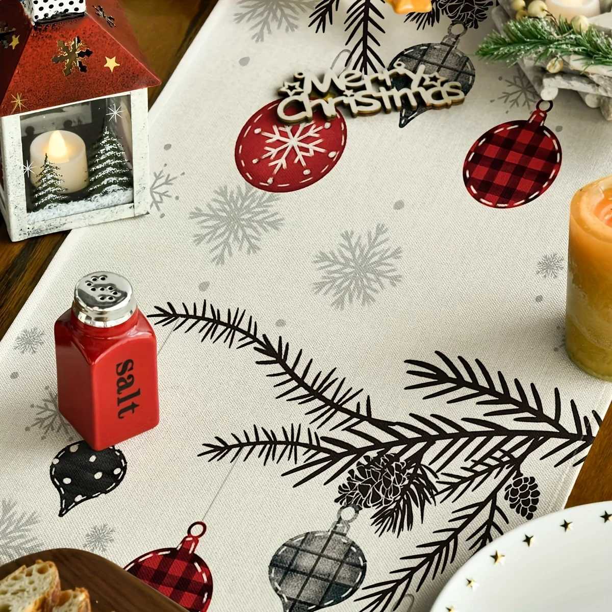 Christmas 1 Piece Merry Christmas Table Runner - Festive Dining Room Decoration with Red Pine Trees Woven Holiday Table Decoration Y251113