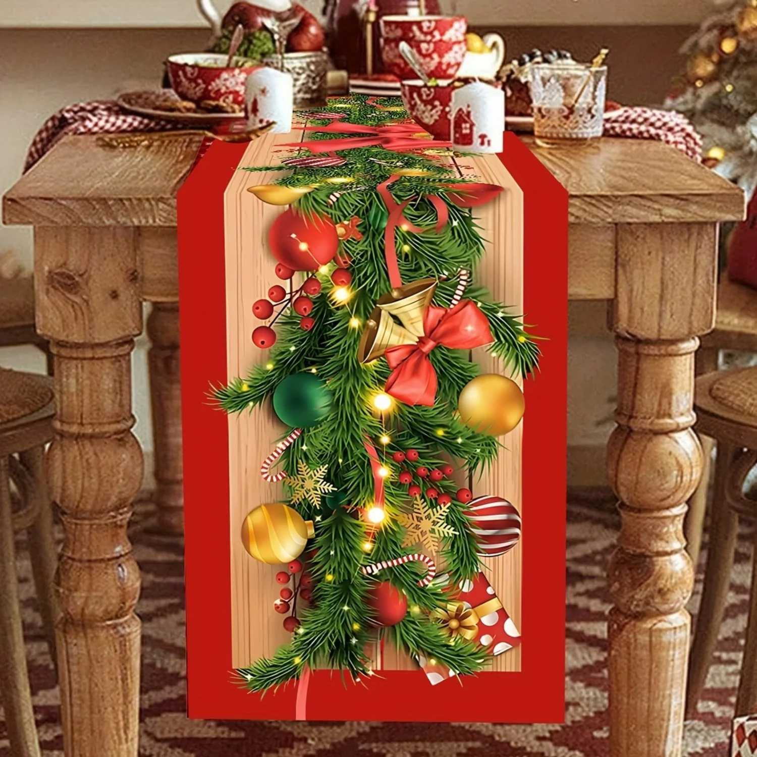 Christmas 1pc Merry Christmas Table Runner with Flower Vine Bow Design Polyester Xmas Table Flag Cover Christmas Decorations Y251113