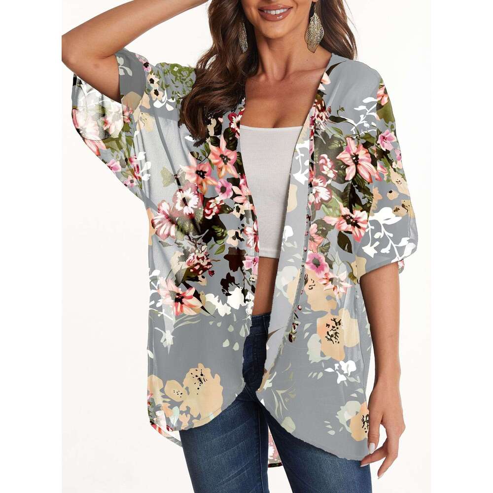 Women's Sunscreen Cover Up Printed Chiffon Top And Kimono Cardigan