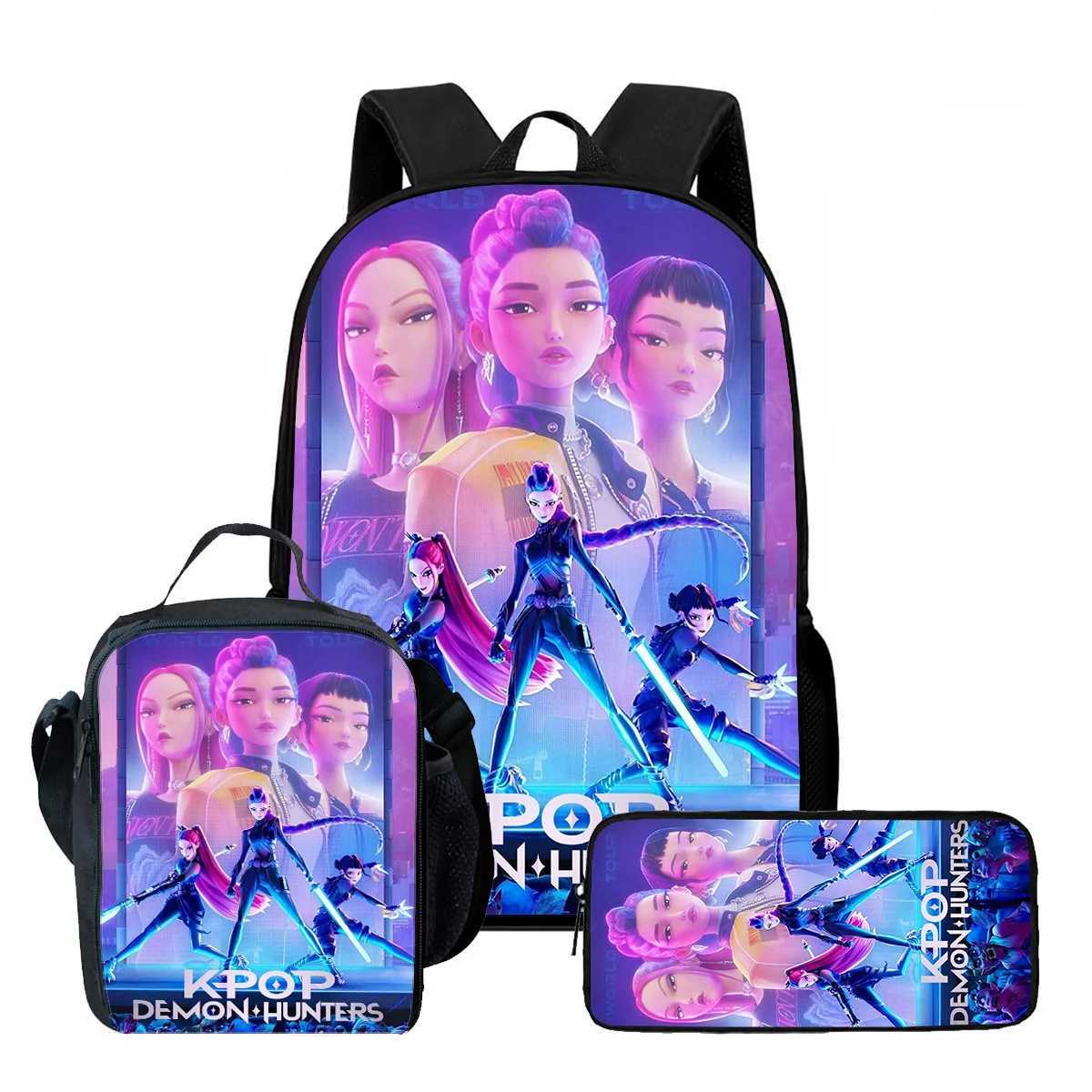 3Pcs Kpop Demon Hunters Huntrix School bags Set for Girls Boys Pencil Boxes Backpack Sets with Lunch Box For School DaypackW251113