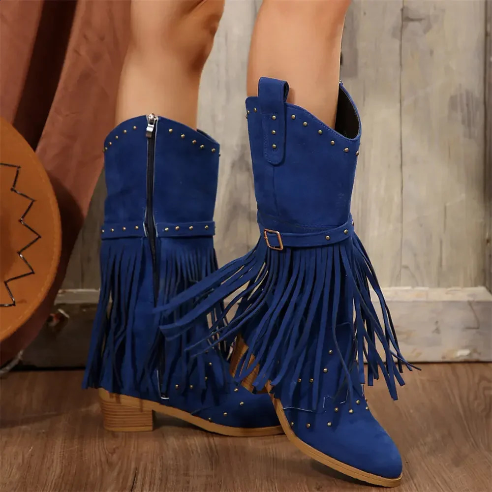 Winter Vintage Western Boots with Fringes Retro Comfy Walking Plus Size 43 Zip-up Mid-calf Tassel Cowboy Boots Women Shoes 250411