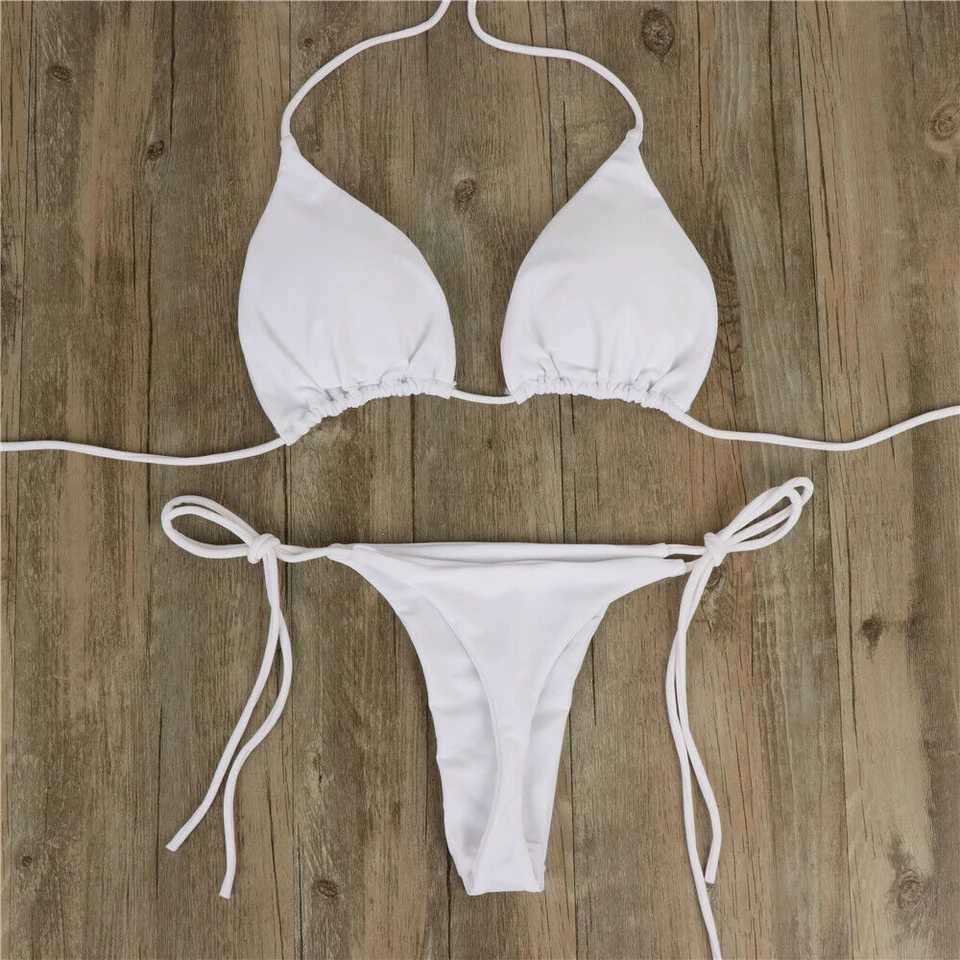 2Pcs Summer Women Bikini Set Side Tie Sexy Swimsuit Bandage Style Brazilian Swimwear Solid Color Swimming Bathing SuitW251113