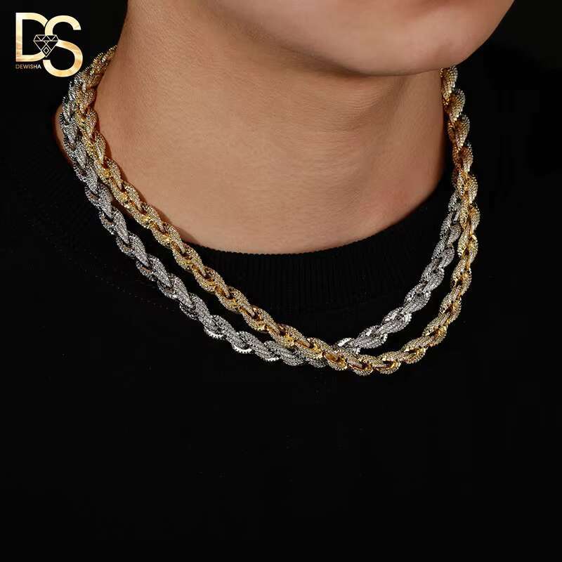 8mm Spring Buckle Full Zirconium Twisted Chain Hip Hop Bracelet Twist Rope Cuban Link Chain Necklace
