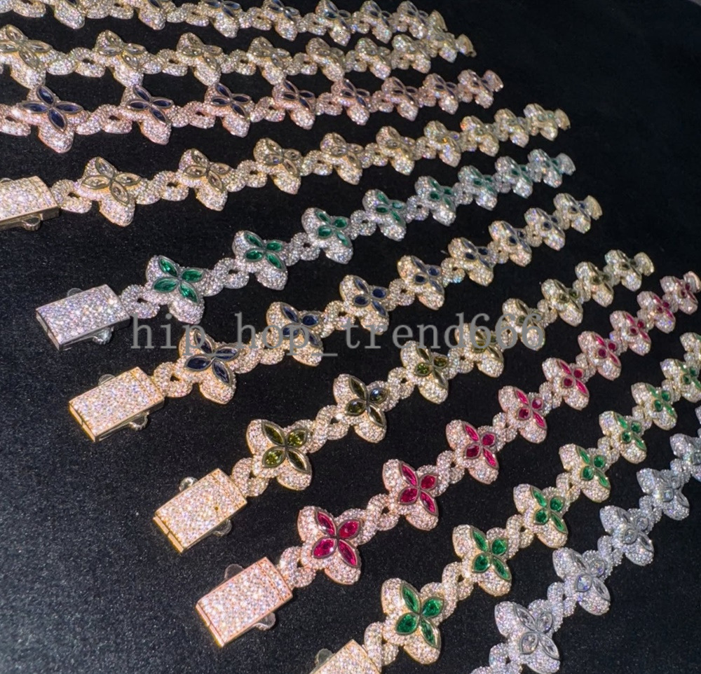 Hot Selling 15MM 925 Sterling Silver Cuban Clover Bracelets Iced Out Hip Hop Infinity Colored Moissanite Cuban Bracelet