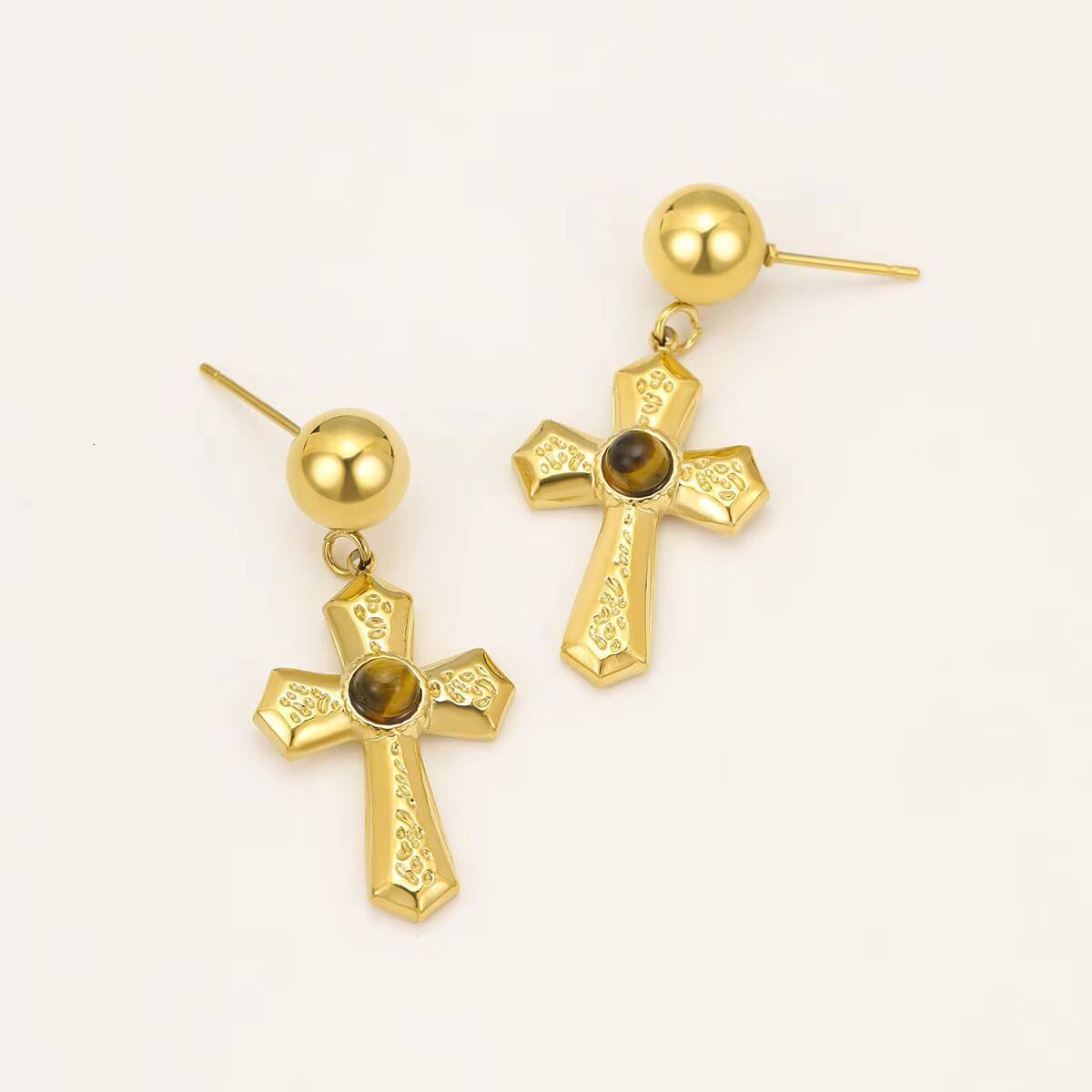 Europe United States Cross Earrings with Stainless Steel Natural Stone Diamond Main Stone Advanced Design Cross-Border Wholesale