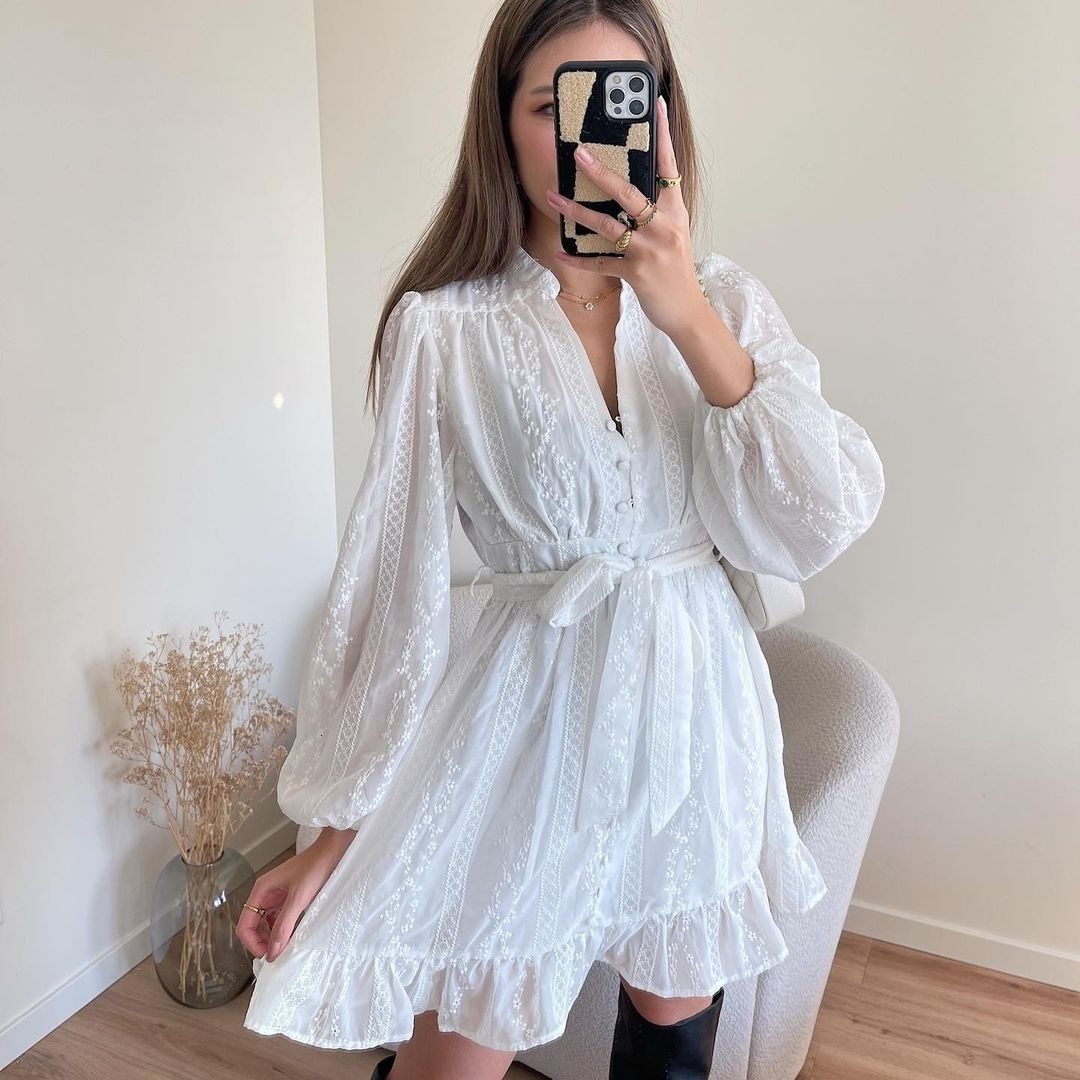 2025 Autumn New Womens Dress V-neck Long Sleeved Solid Color Sweet Lace Up Ruffle Edge Short Skirt