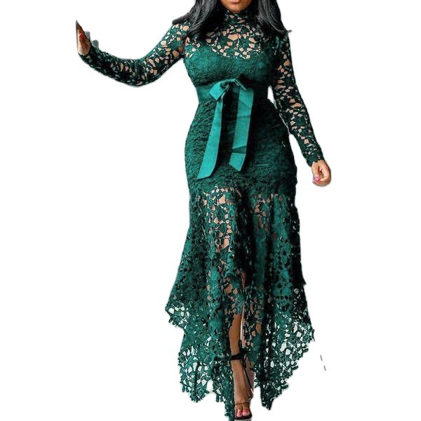 2025 New Womens Lace Hollowed Out Long Sleeved Stand Up Collar Lace Up 5-color Irregular Dress