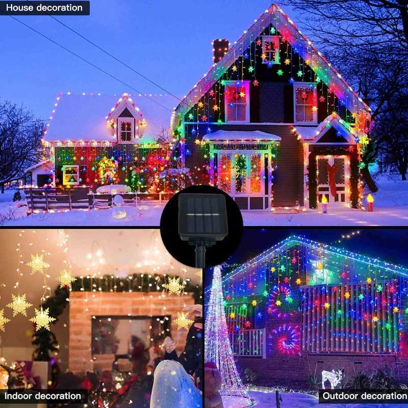 Snowflake Garland Christmas Lights Outdoor 2025 Led Icicle Curtain Garlands 9M 162LEDs Solar Power Waterproof IP44 New Year Xmas M251113