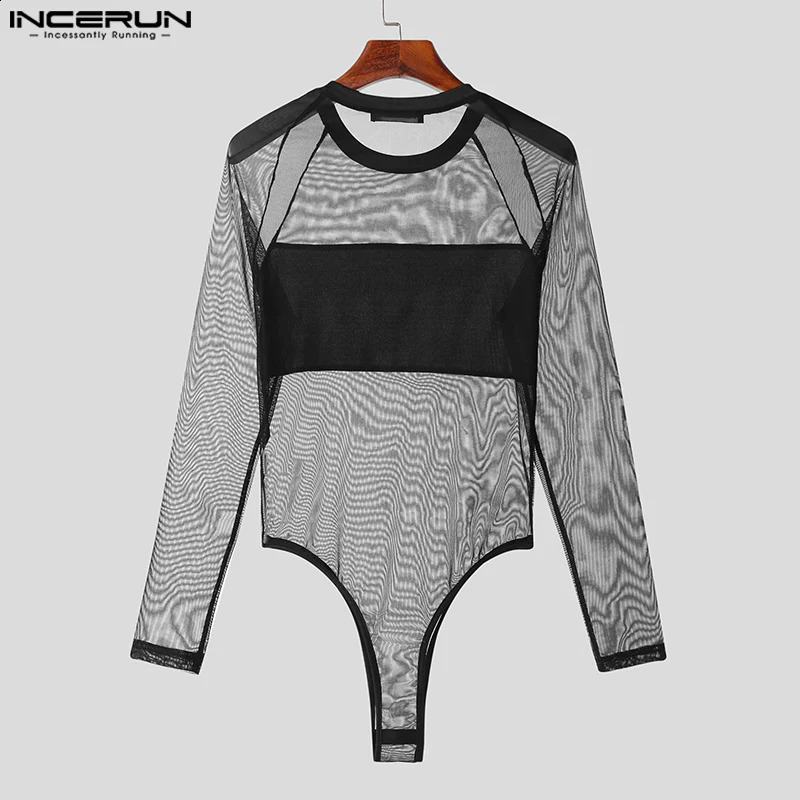 Mens tight fitting clothes with mesh splicing O-neck long sleeved sexy jumpsuit mens T-shirt fitness transparent fashion tight fitting clothes INCERUN