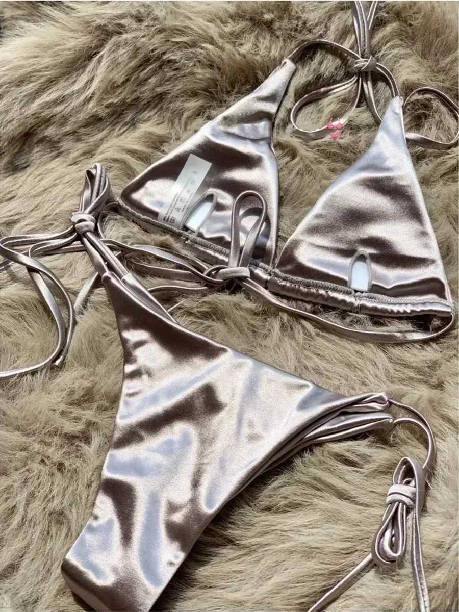 Halter Brazilian Metallic Satin Bikini Women Swimwear Female Swimsuit Two-pieces Bikini Set High Cut Bathing Suit Swim BeachwearW251113