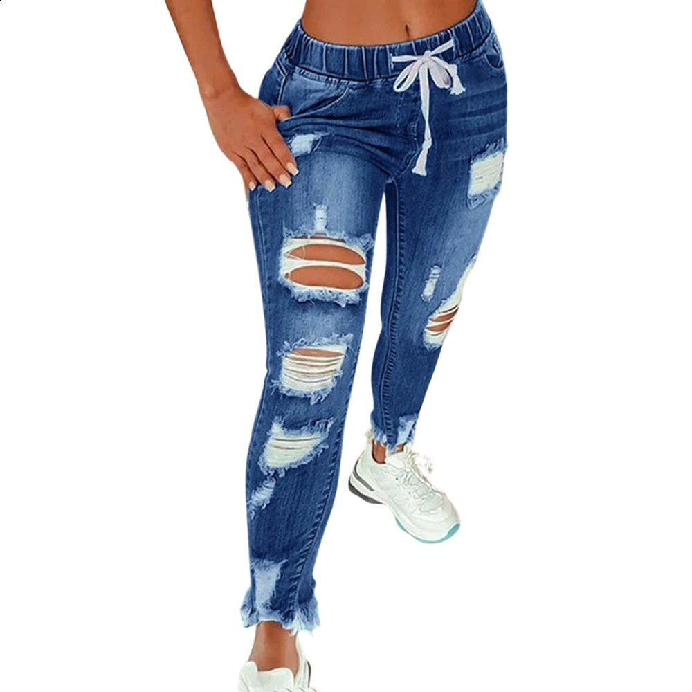 Plus Size High Waist Ripped Denim Trousers Women Clothing 2025 Fashion Korean Casual Slim Large Size Jeans Oversized Pants Leggi 250410