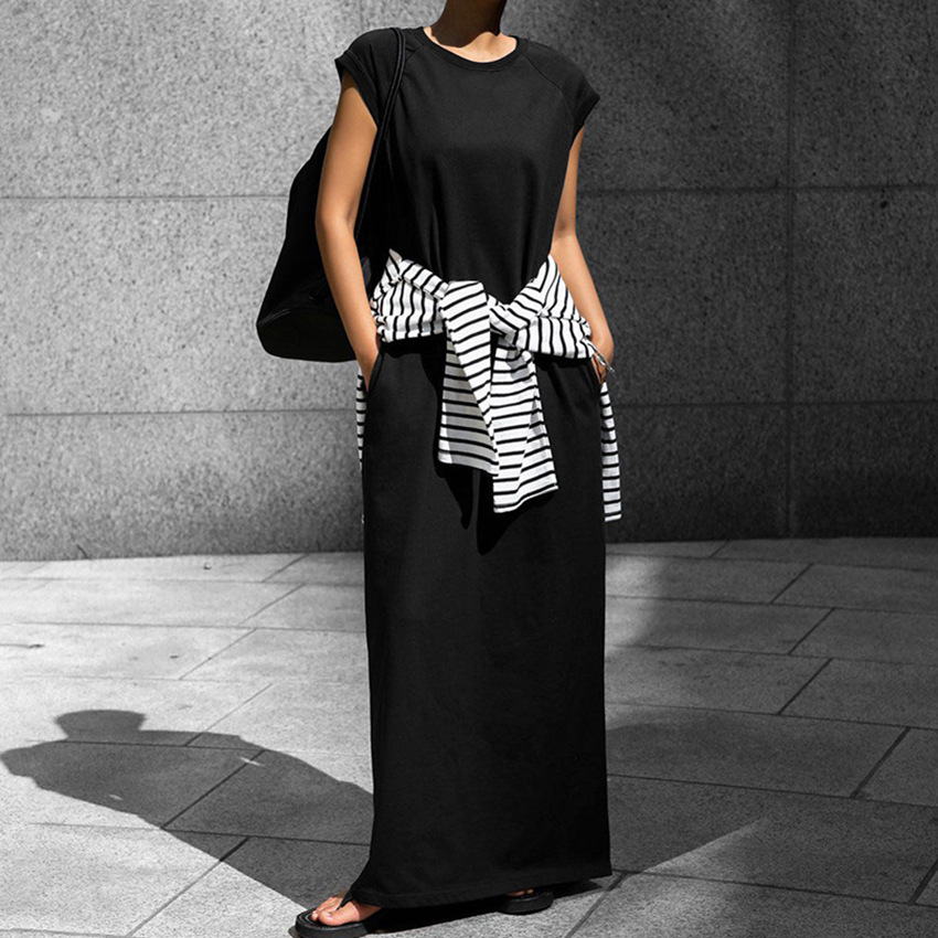 S175 Design temperament niche slim dress new elegant slit solid color short-sleeved long skirt female