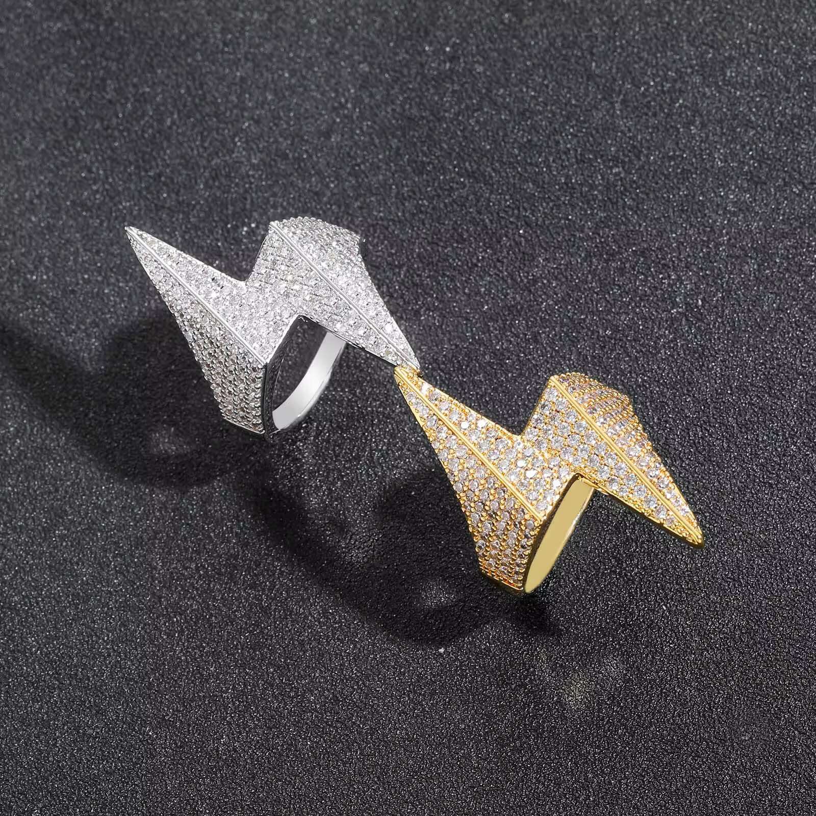 Mens Hip-Hop Fashion Ring Micro-Inlaid Zircon with Copper Three-Dimensional Lightning Design Simple Trendy Personalized Jewelry