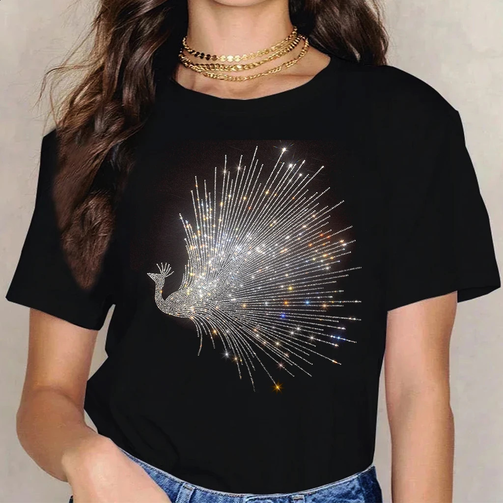 Womens Summer Casual Cotton Short Sleeve Fashion Tshirt Shining Peacock Wings Diamond Water 250407